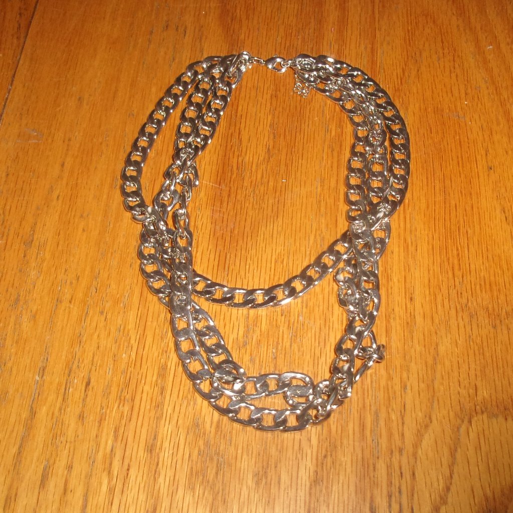 Necklace Triple Strands Silver Tone Chain Heavy Mens